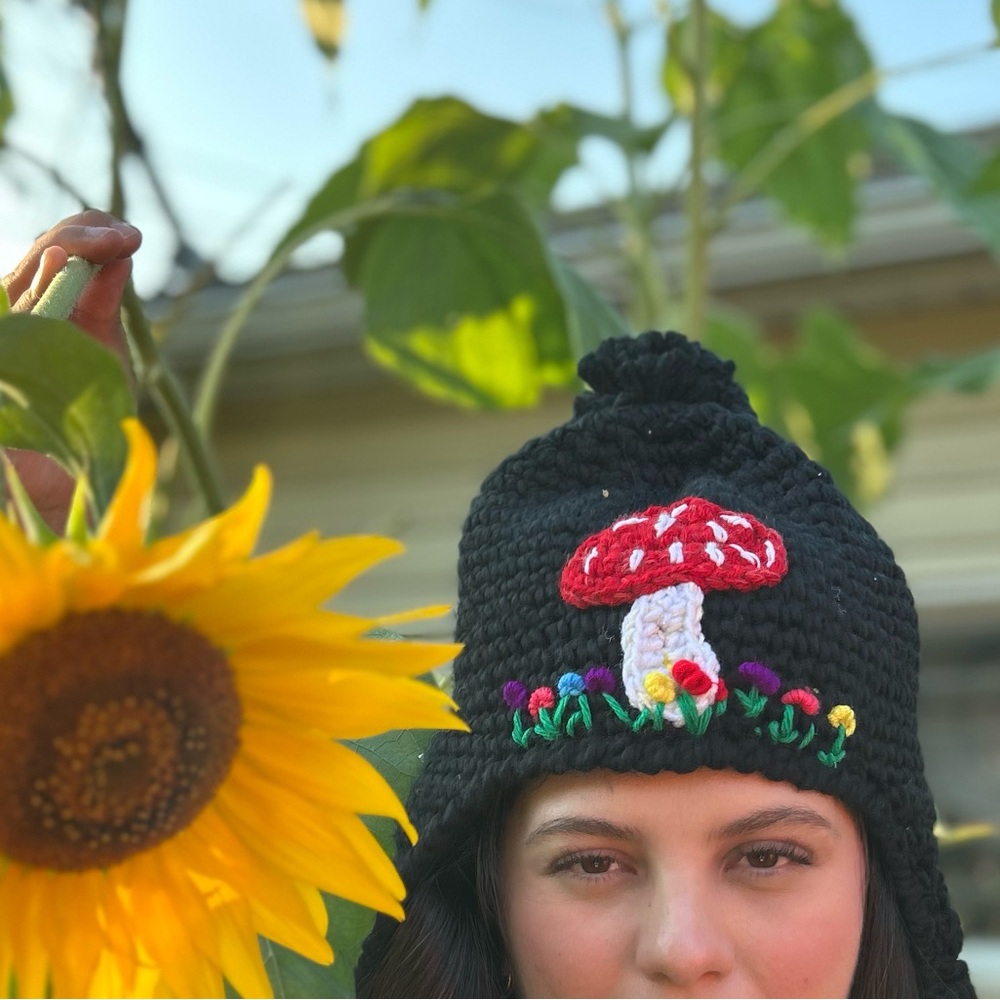 Black crochet Hat with Mushroom appliqué